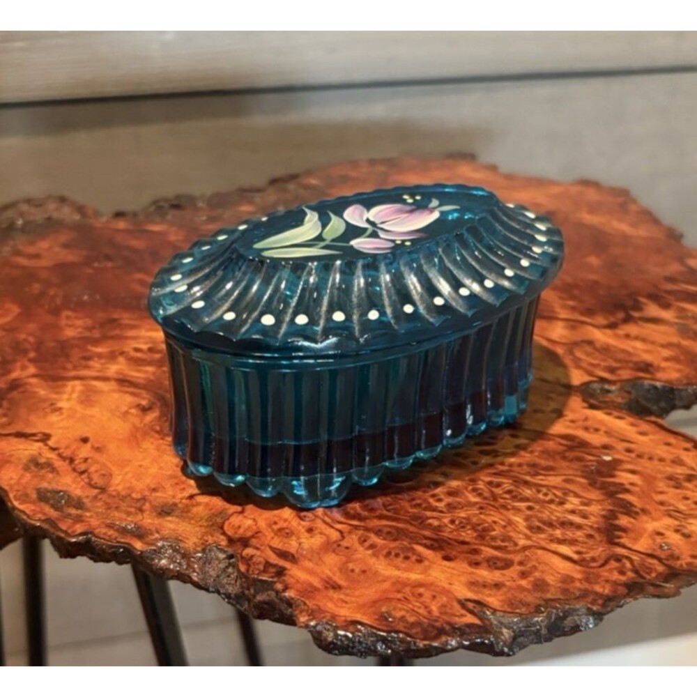Fenton Art Glass Hand Painted Floral Oval Trinket Dresser Box and Lid Signed